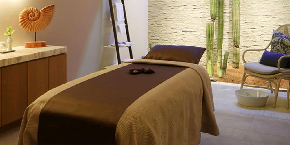 A serene spa treatment room featuring a neatly made massage table with a brown blanket and pillow. The room has a calming, minimalist decor with a wooden cabinet holding a small plant and a decorative seashell piece. In the background, there is a small indoor garden with tall cacti against a textured stone wall. A comfortable chair with decorative pillows and a foot basin are positioned nearby, enhancing the tranquil and inviting atmosphere of the space.